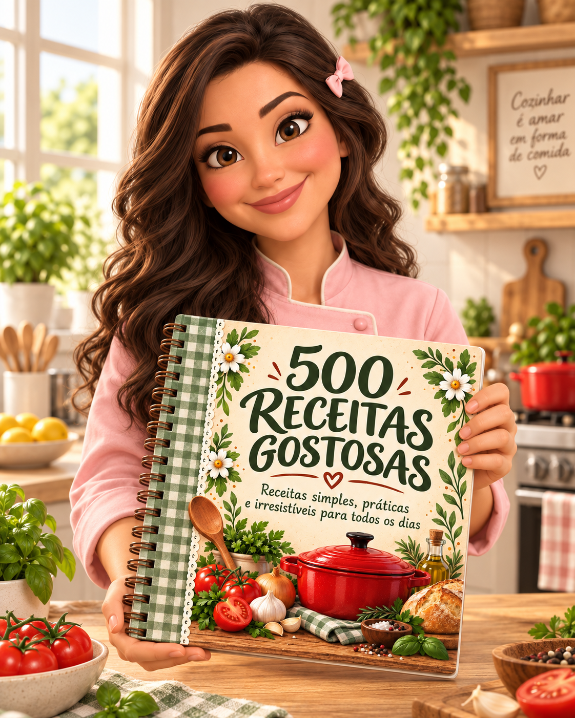 Cozinheira apresentando o livro digital 500 Receitas Gostosas